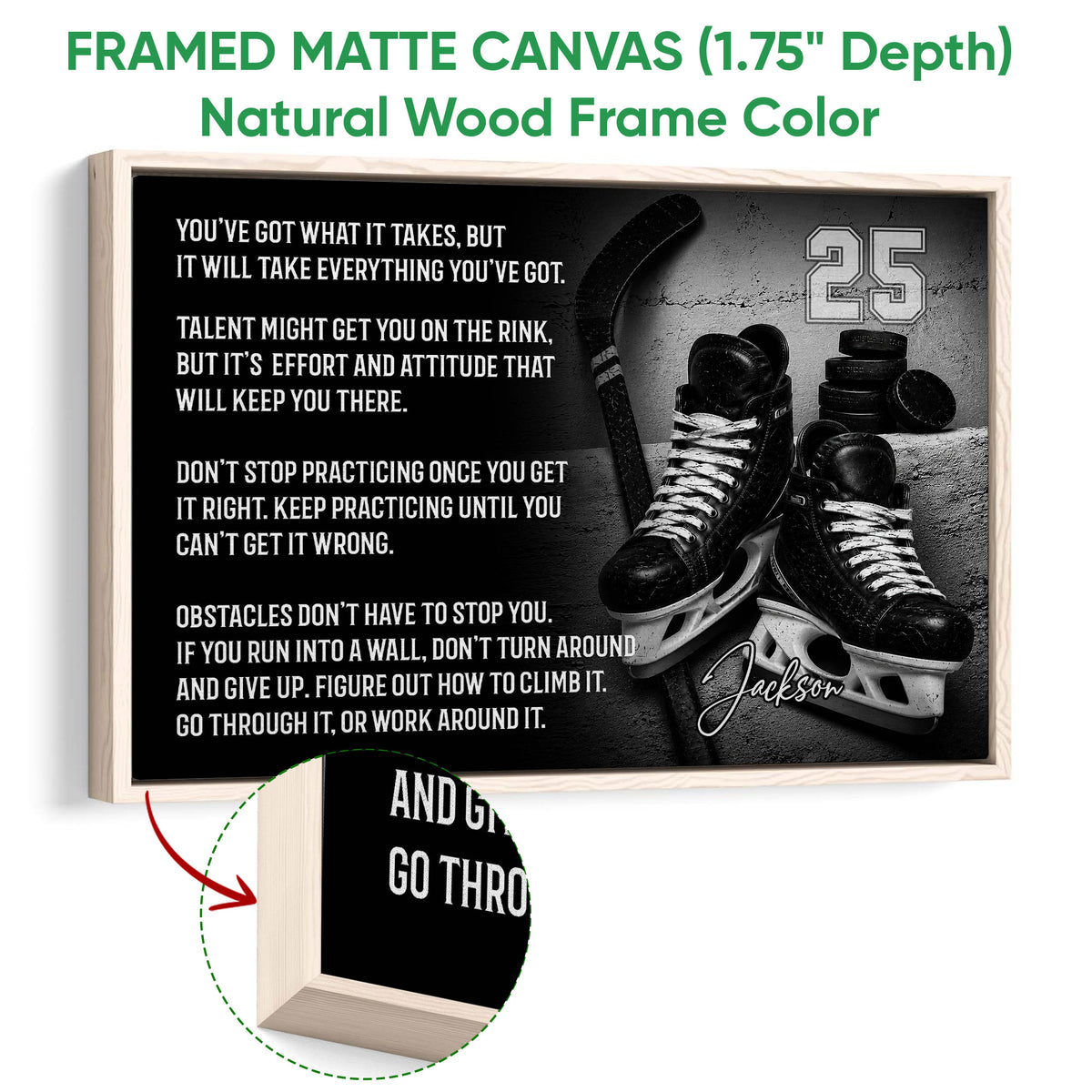 Framed hockey canvas wall art shown with a natural wood frame and close-up edge detail