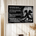 Framed hockey wall art displayed on a light wood-paneled wall in a neutral home interior
