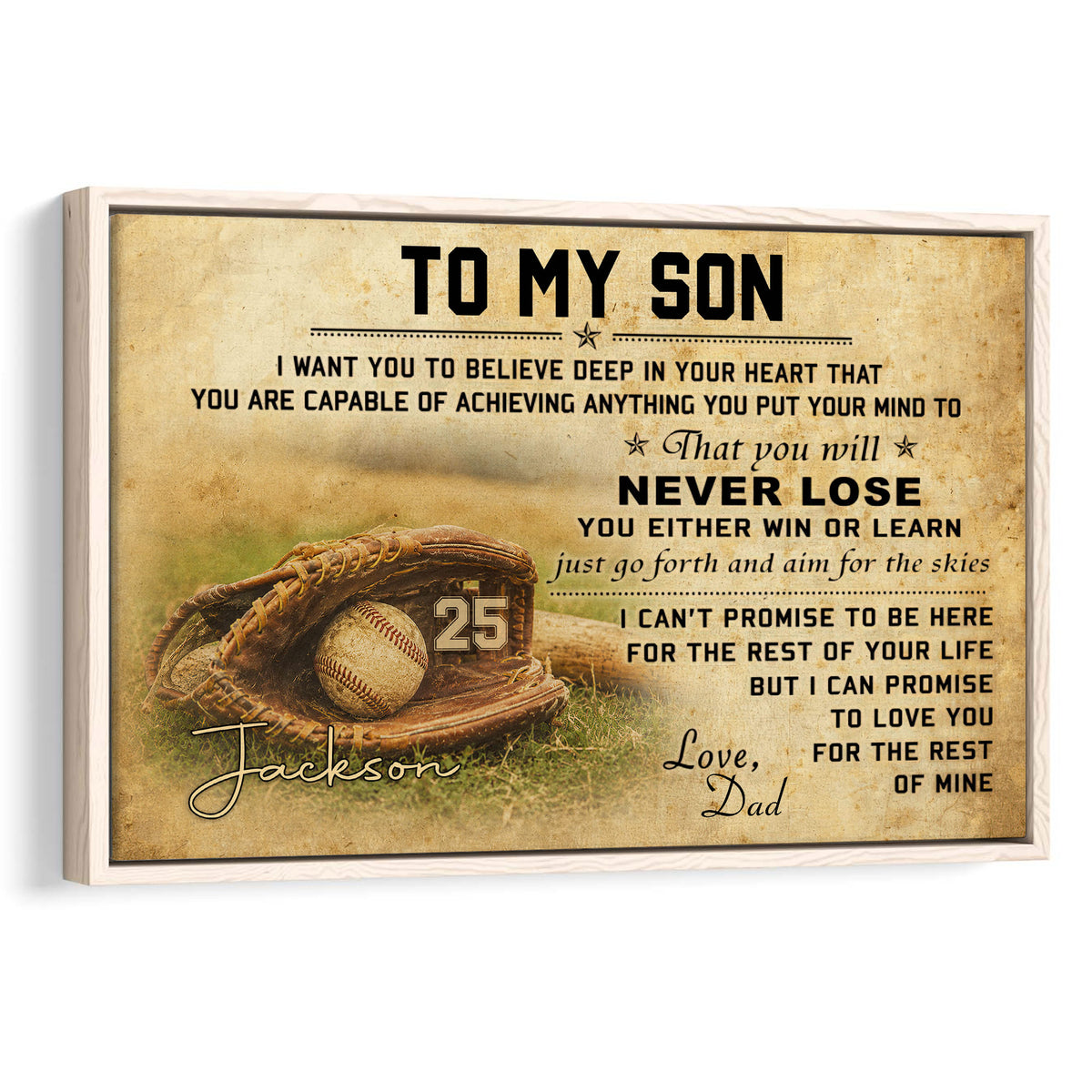 Baseball wall art featuring a glove and ball with an inspirational message for a son