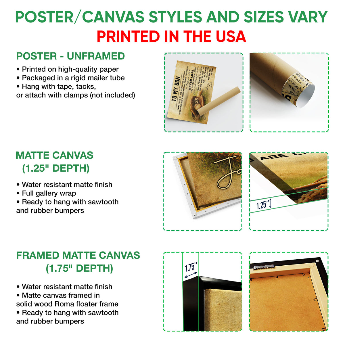 Baseball wall art option guide showing poster, canvas, and framed canvas formats