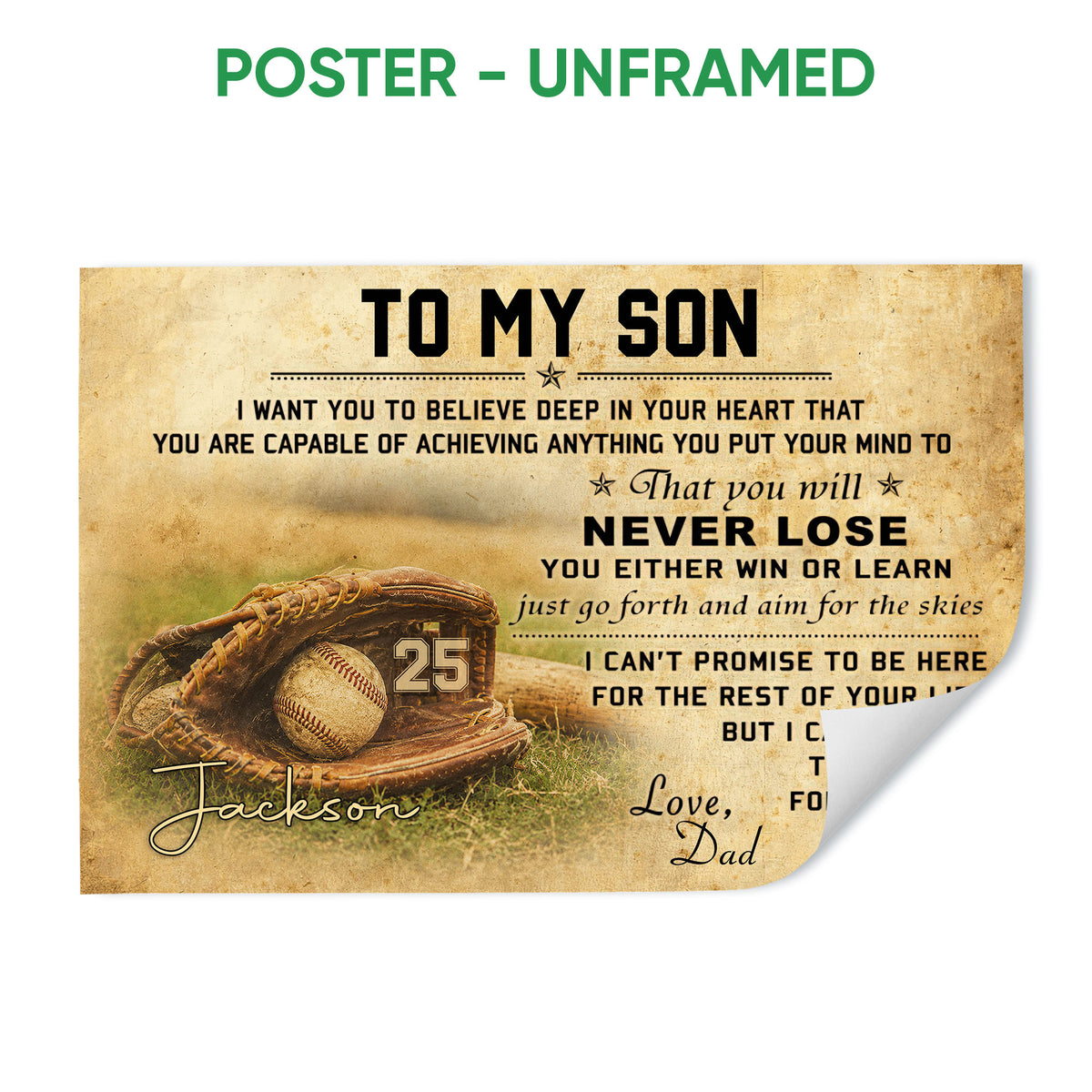 Unframed baseball poster featuring a glove, ball, and motivational message