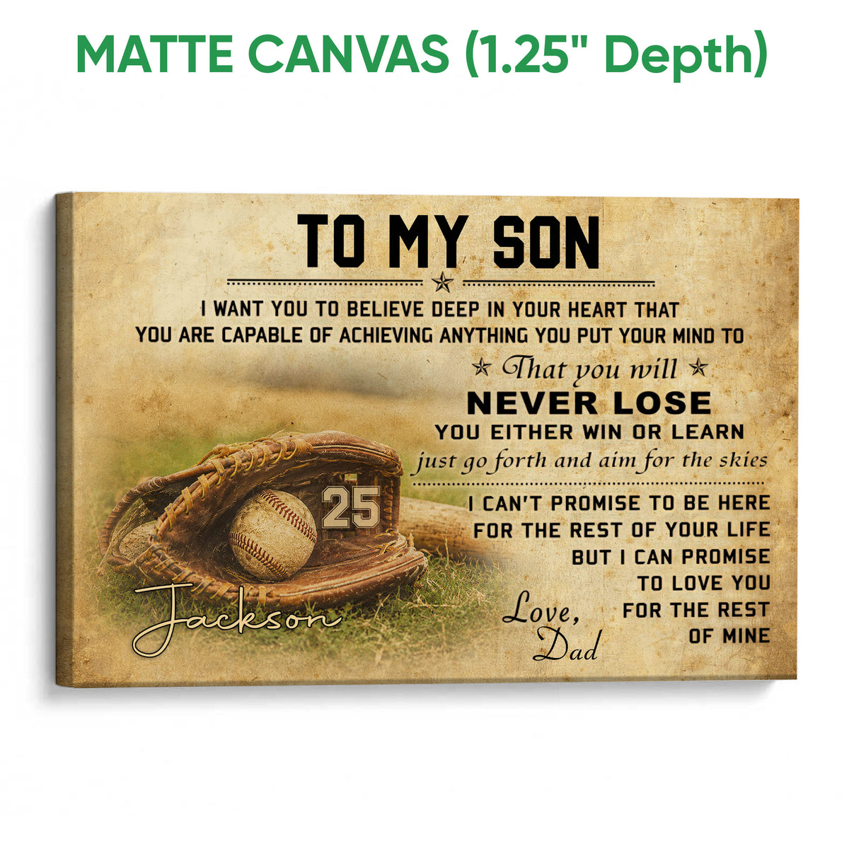 Matte canvas baseball wall art featuring a glove, ball, and inspirational typography