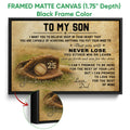 Framed baseball canvas wall art shown with a black frame and detailed glove artwork