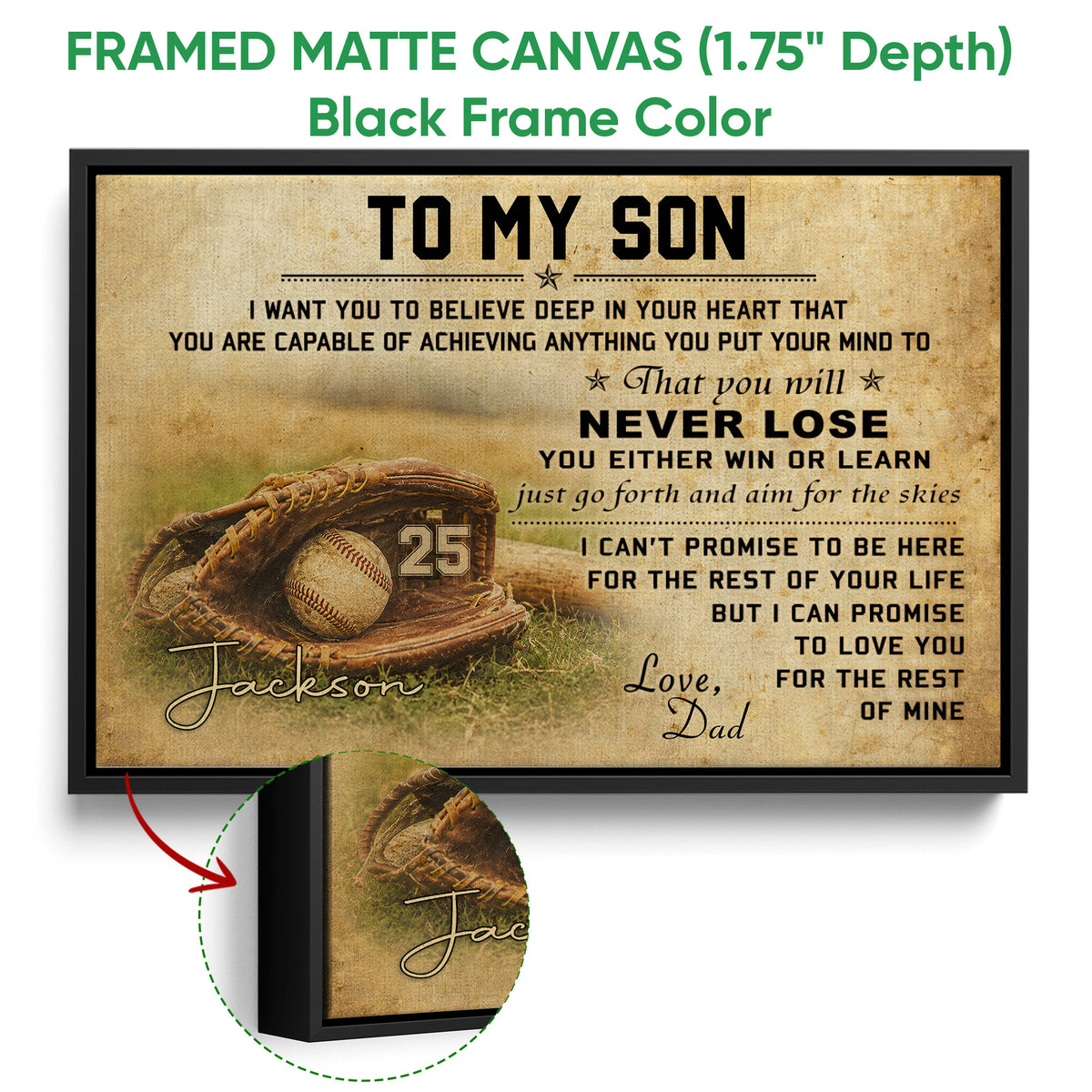 Framed baseball canvas wall art shown with a black frame and detailed glove artwork
