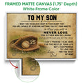 Framed baseball canvas wall art shown with a white frame and glove and ball design