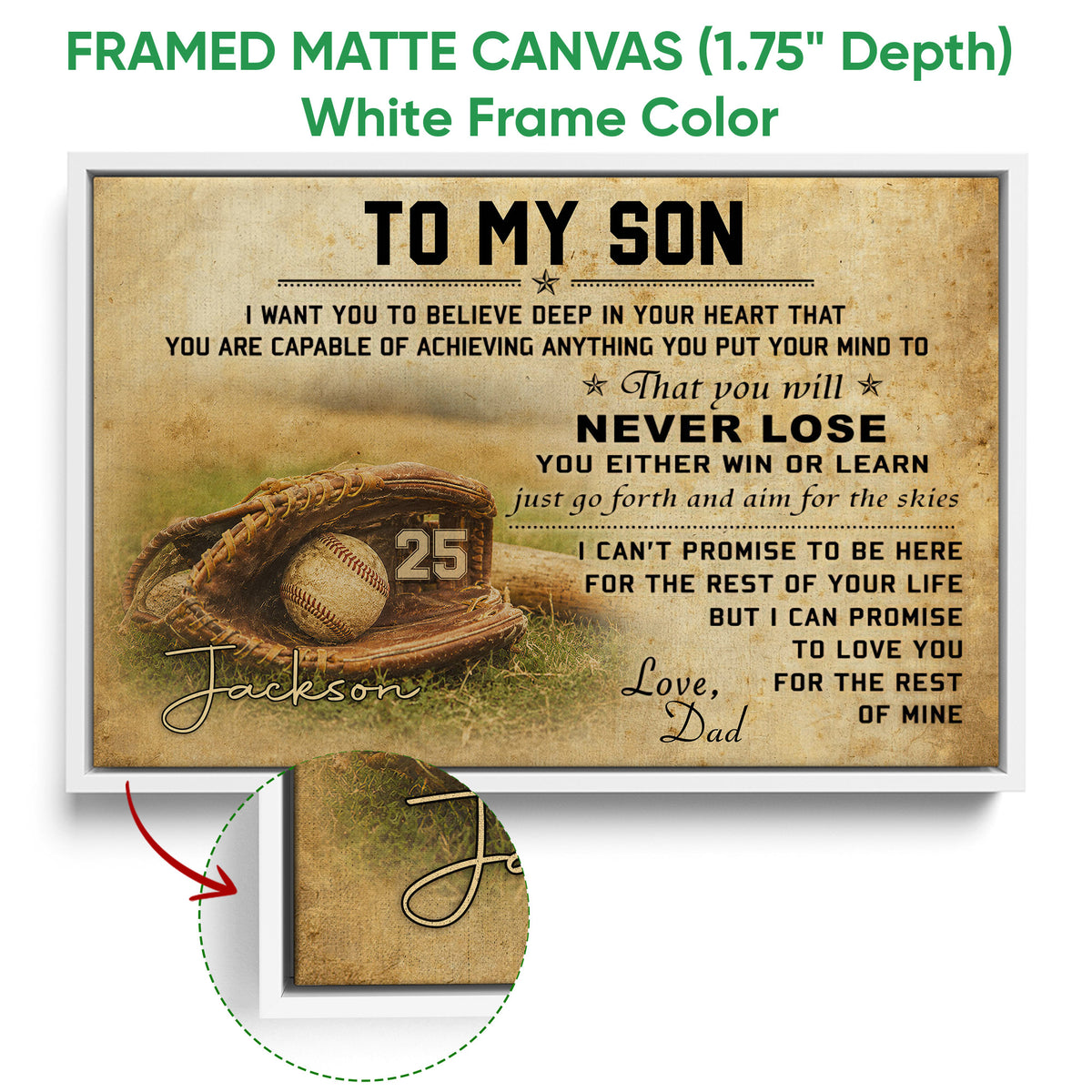 Framed baseball canvas wall art shown with a white frame and glove and ball design