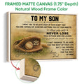 Framed baseball canvas wall art shown with a natural wood frame in a rustic style