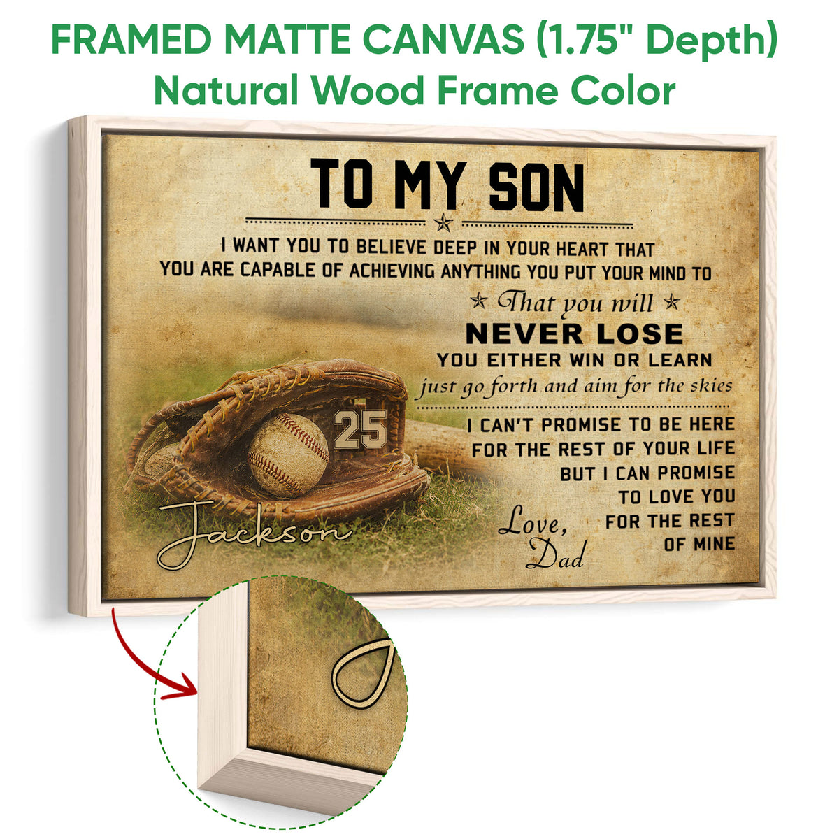 Framed baseball canvas wall art shown with a natural wood frame in a rustic style