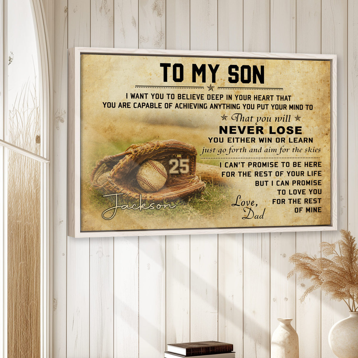 Baseball wall art displayed on a light wood-paneled wall in a warm home setting