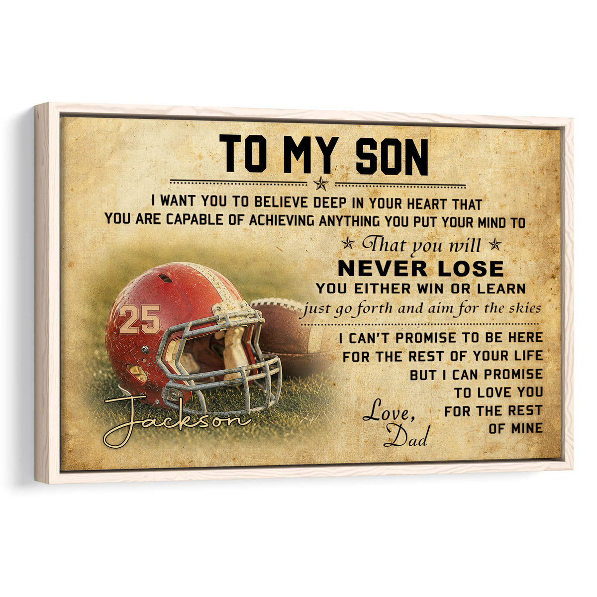 Framed football wall art with an inspirational message and vintage-style red helmet artwork