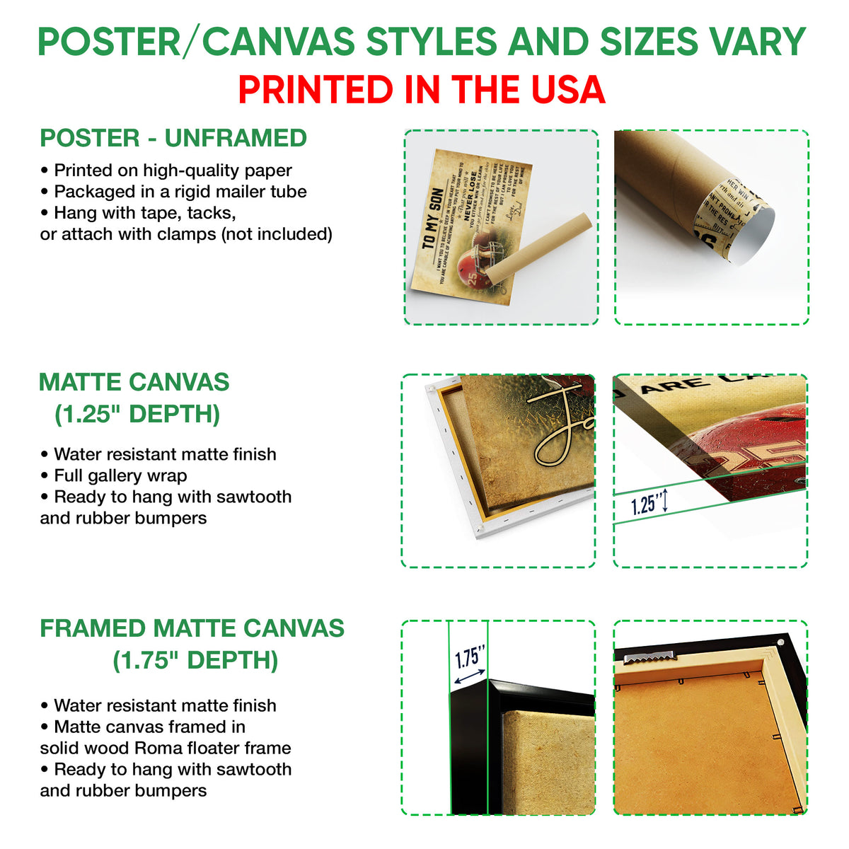 Poster, matte canvas, and framed canvas wall art format options for football artwork