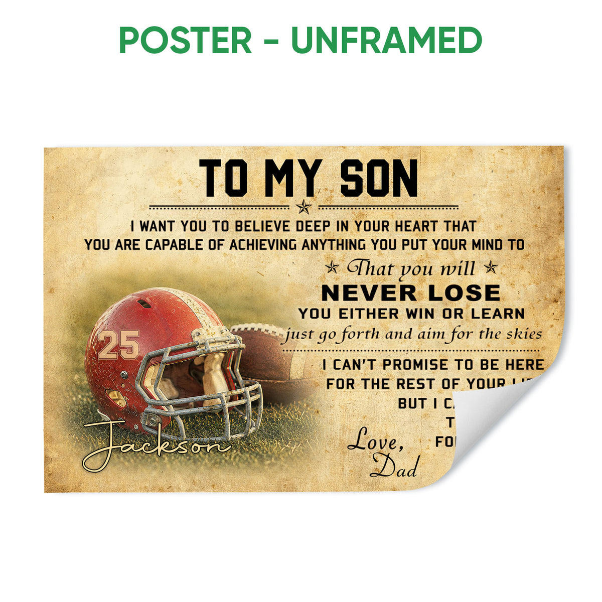 Unframed football poster featuring a vintage red helmet and inspirational message design