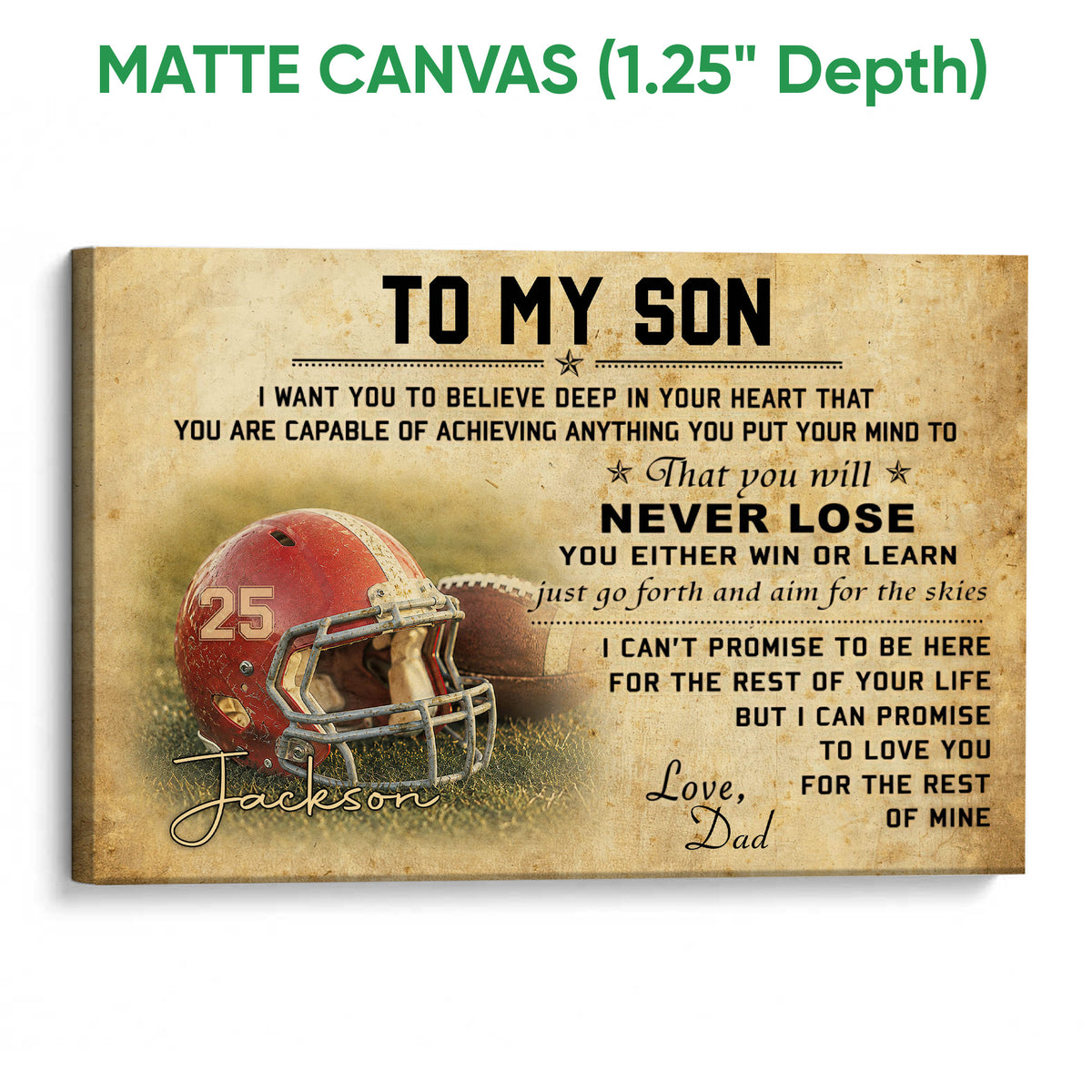 Matte canvas football wall art with textured artwork, red helmet, and motivational message