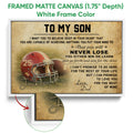 White framed canvas football wall art with vintage helmet artwork and motivational message