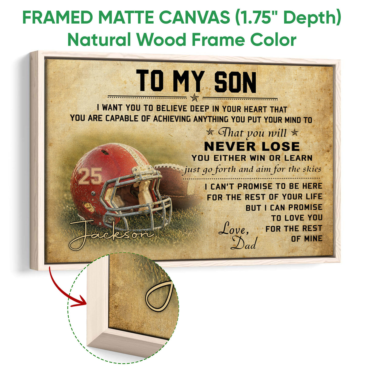Natural wood framed football canvas featuring a red helmet and vintage inspirational design