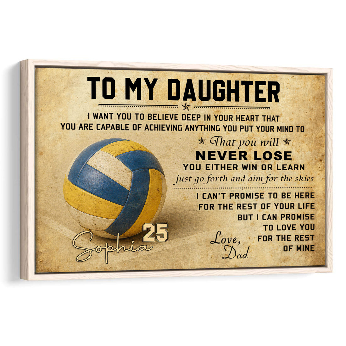 Framed volleyball wall art with a blue and gold ball, motivational message, and daughter-themed design