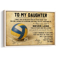 Framed volleyball wall art with a blue and gold ball, motivational message, and daughter-themed design