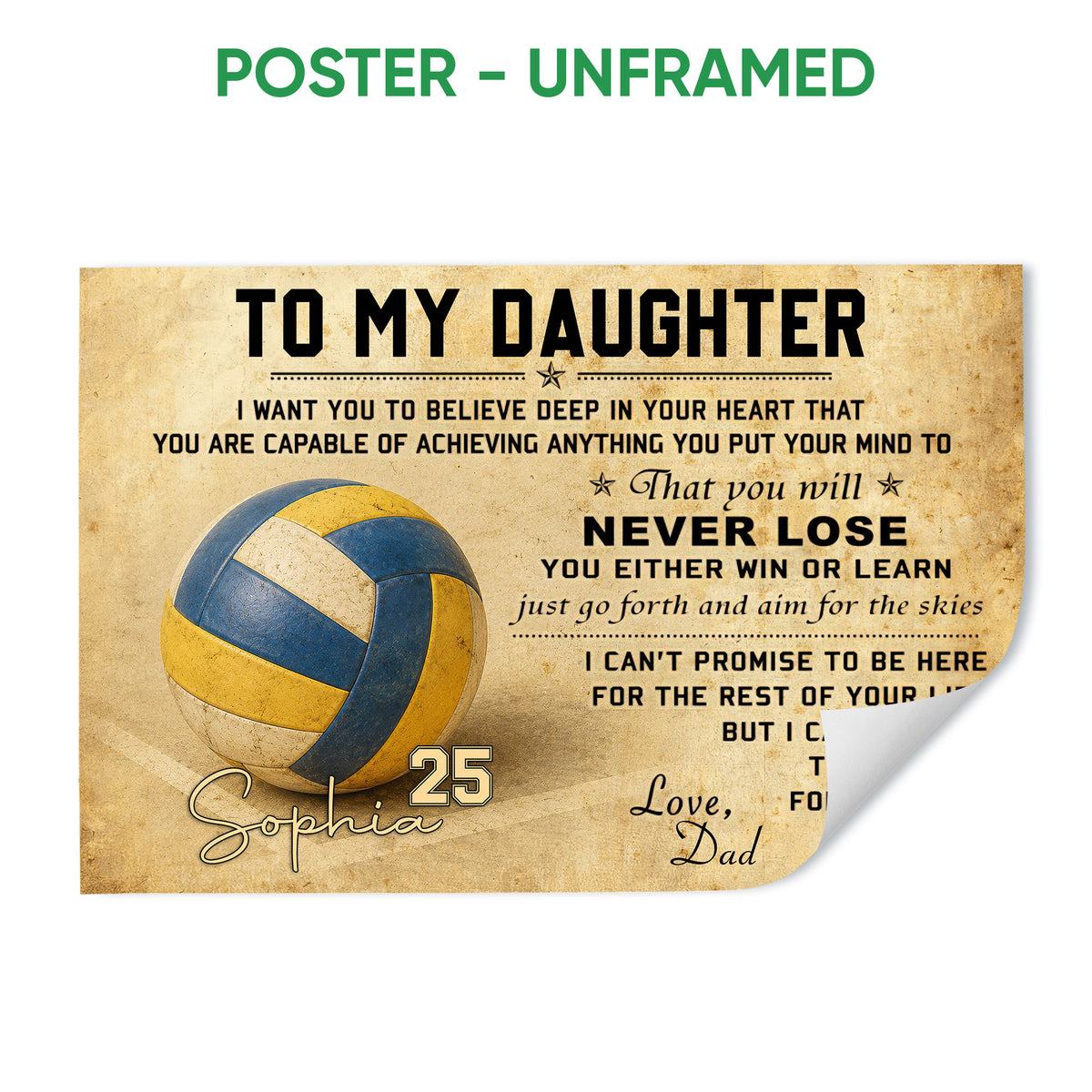 Unframed volleyball poster featuring a blue and gold ball, vintage-inspired background, and motivational typography