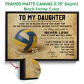 Framed volleyball canvas wall art shown with a black frame and close-up frame detail