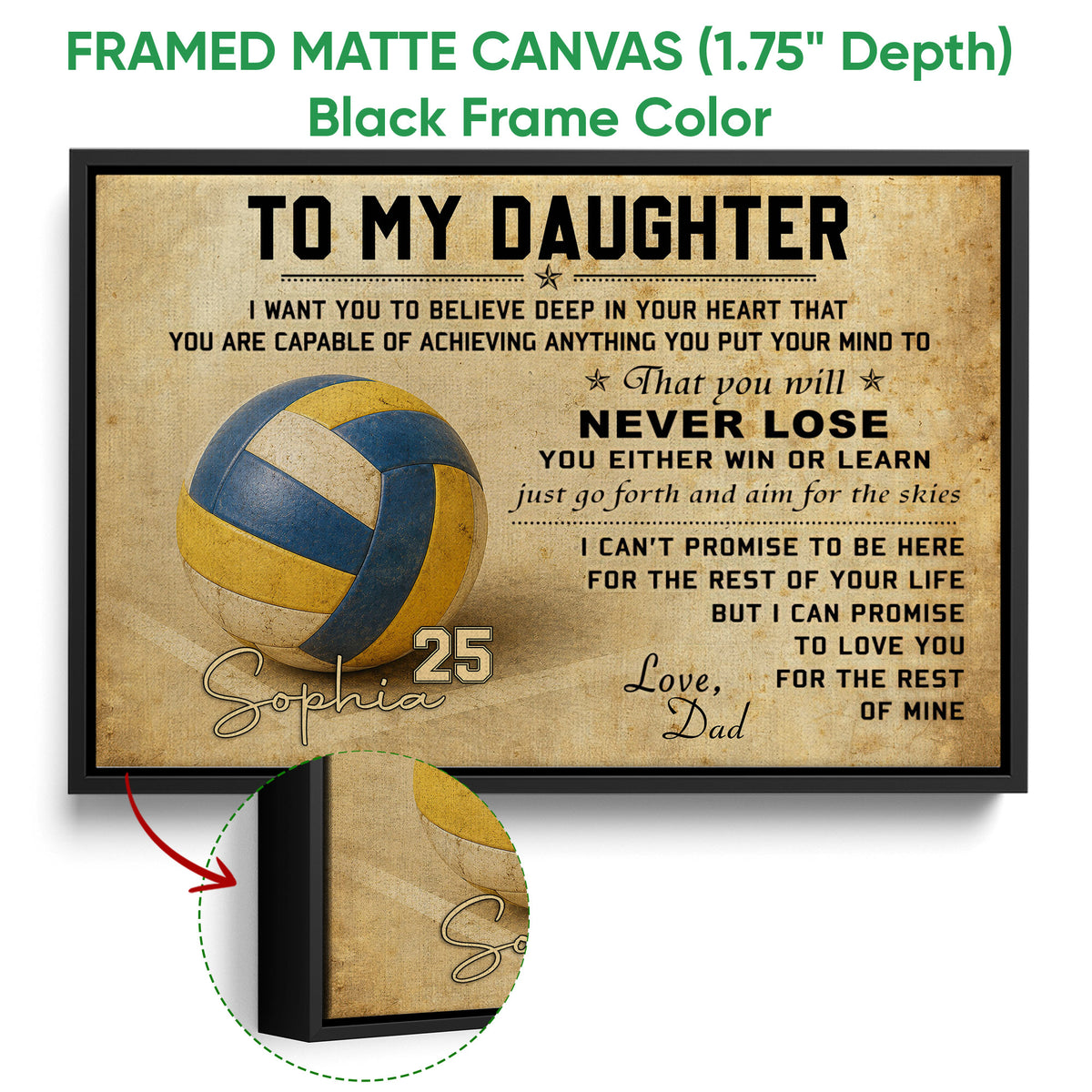 Framed volleyball canvas wall art shown with a black frame and close-up frame detail