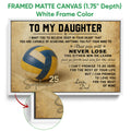 Framed volleyball canvas wall art shown with a white frame and close-up frame detail
