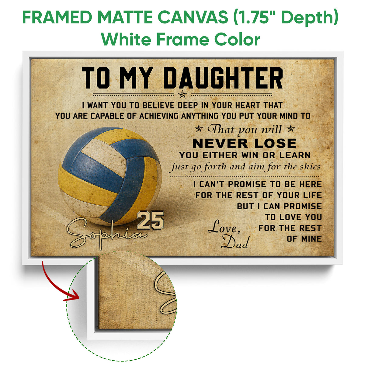 Framed volleyball canvas wall art shown with a white frame and close-up frame detail