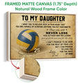 Framed volleyball canvas wall art shown with a natural wood frame and close-up frame detail