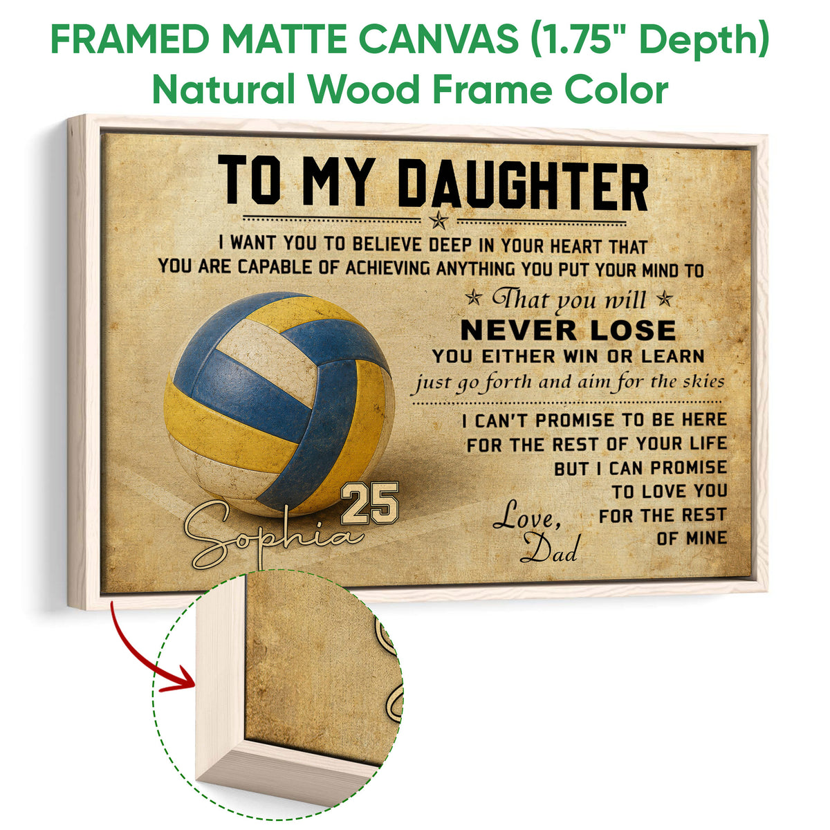 Framed volleyball canvas wall art shown with a natural wood frame and close-up frame detail