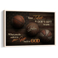 Framed basketball wall art with a faith-inspired message on a dark wood background
