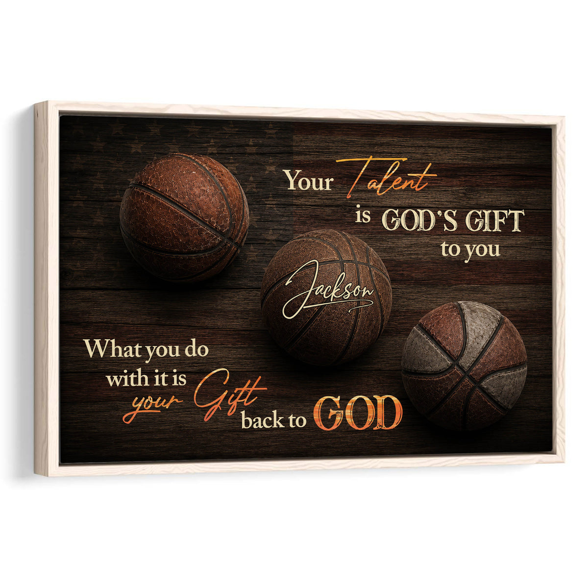 Framed basketball wall art with a faith-inspired message on a dark wood background