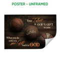 Unframed basketball poster featuring three basketballs, dark wood texture and an inspirational message
