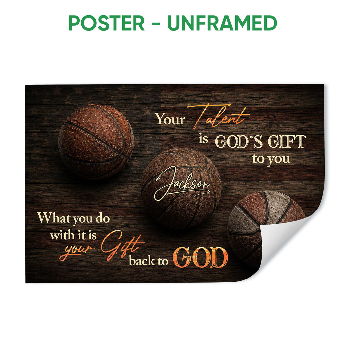Unframed basketball poster featuring three basketballs, dark wood texture and an inspirational message