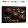 Matte canvas basketball wall art with a dark wood background and faith-inspired message