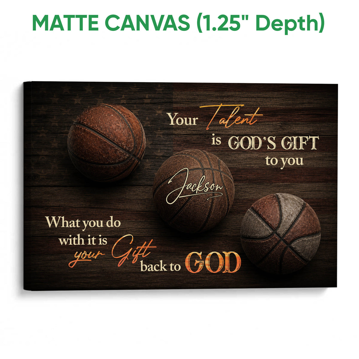 Matte canvas basketball wall art with a dark wood background and faith-inspired message