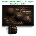 Black framed basketball wall art with close-up detail of the frame and dark wood artwork