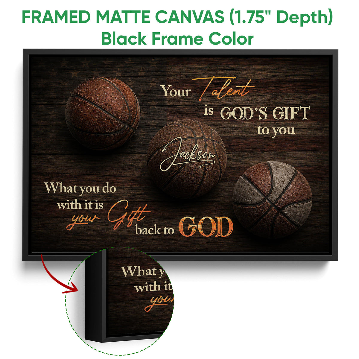 Black framed basketball wall art with close-up detail of the frame and dark wood artwork