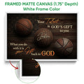 White framed basketball wall art with close-up detail of the frame and inspirational artwork