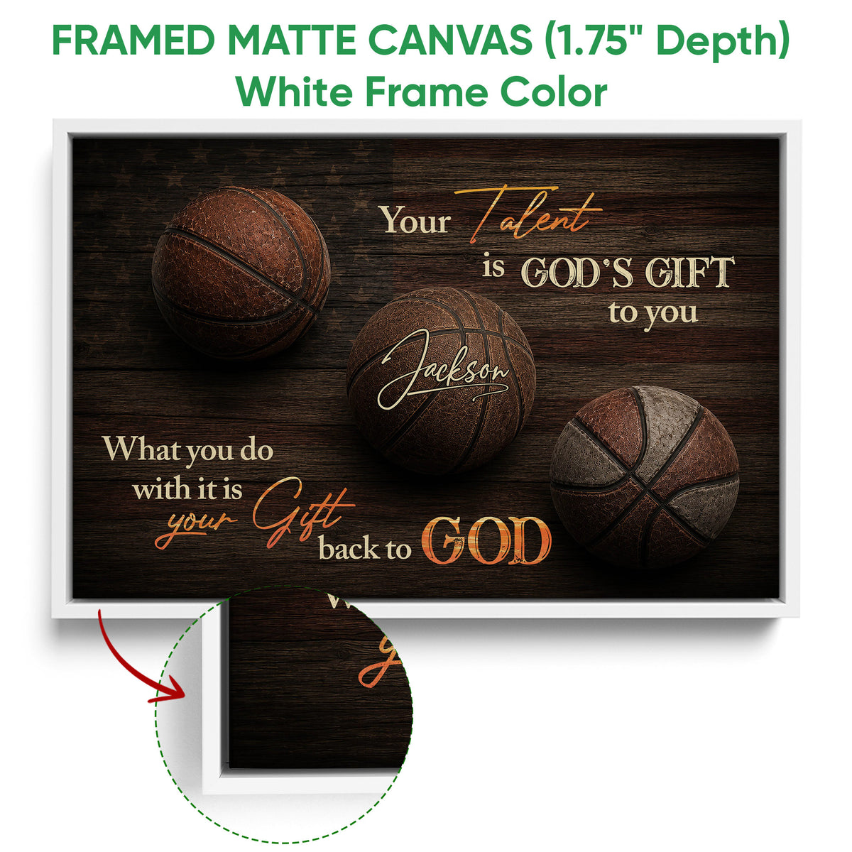 White framed basketball wall art with close-up detail of the frame and inspirational artwork