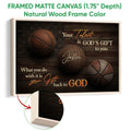 Natural wood framed basketball wall art showing the frame depth and dark wood design
