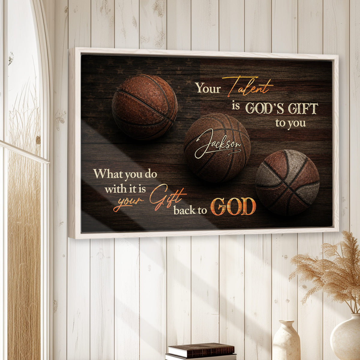 Faith-inspired basketball wall art displayed in a bright room with white wood panel walls