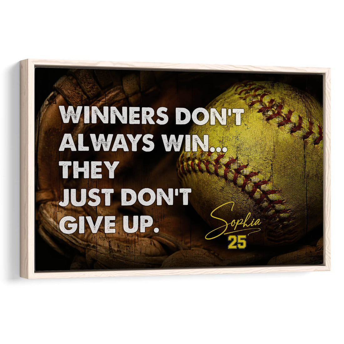 Framed softball wall art featuring a textured softball, glove, motivational lettering, and dark sports colors