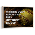 Framed softball wall art featuring a textured softball, glove, motivational lettering, and dark sports colors