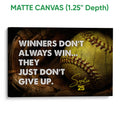 Matte canvas softball wall art showing a close-up ball, glove, dark wood tones, and bold lettering