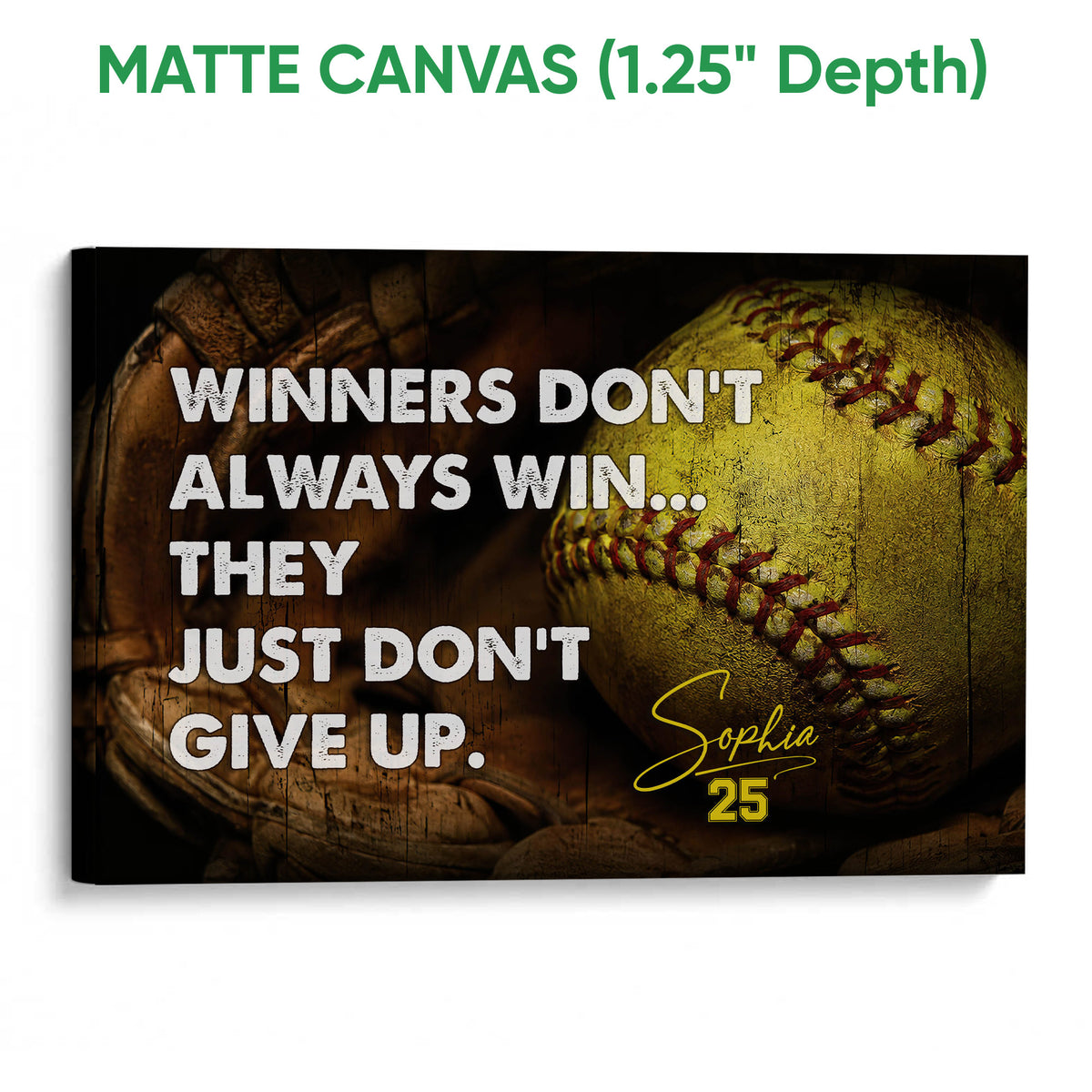 Matte canvas softball wall art showing a close-up ball, glove, dark wood tones, and bold lettering