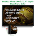 Black framed canvas softball wall art with a close-up ball, glove, and detailed edge finish