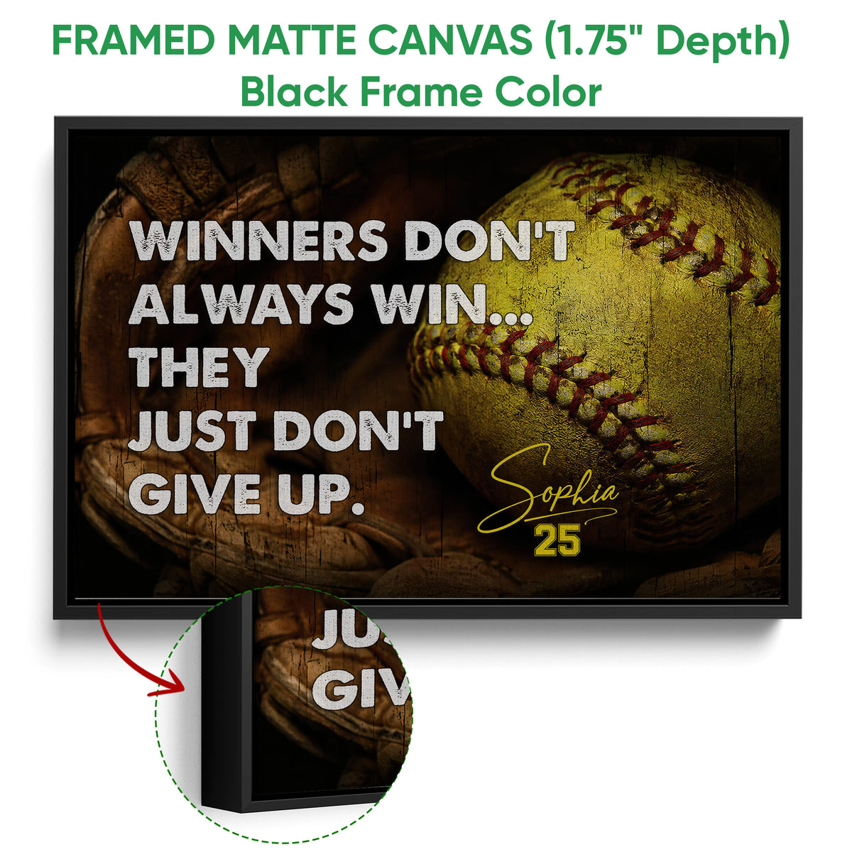 Black framed canvas softball wall art with a close-up ball, glove, and detailed edge finish