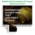 White framed canvas softball wall art featuring a close-up ball, glove, and clean light frame