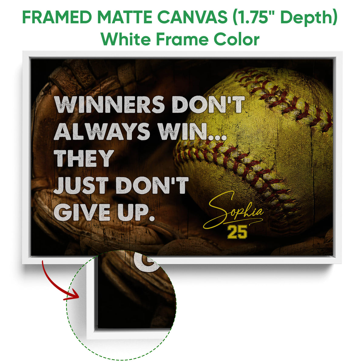 White framed canvas softball wall art featuring a close-up ball, glove, and clean light frame