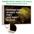 Natural wood framed softball wall art featuring a close-up ball, glove, and warm wood frame