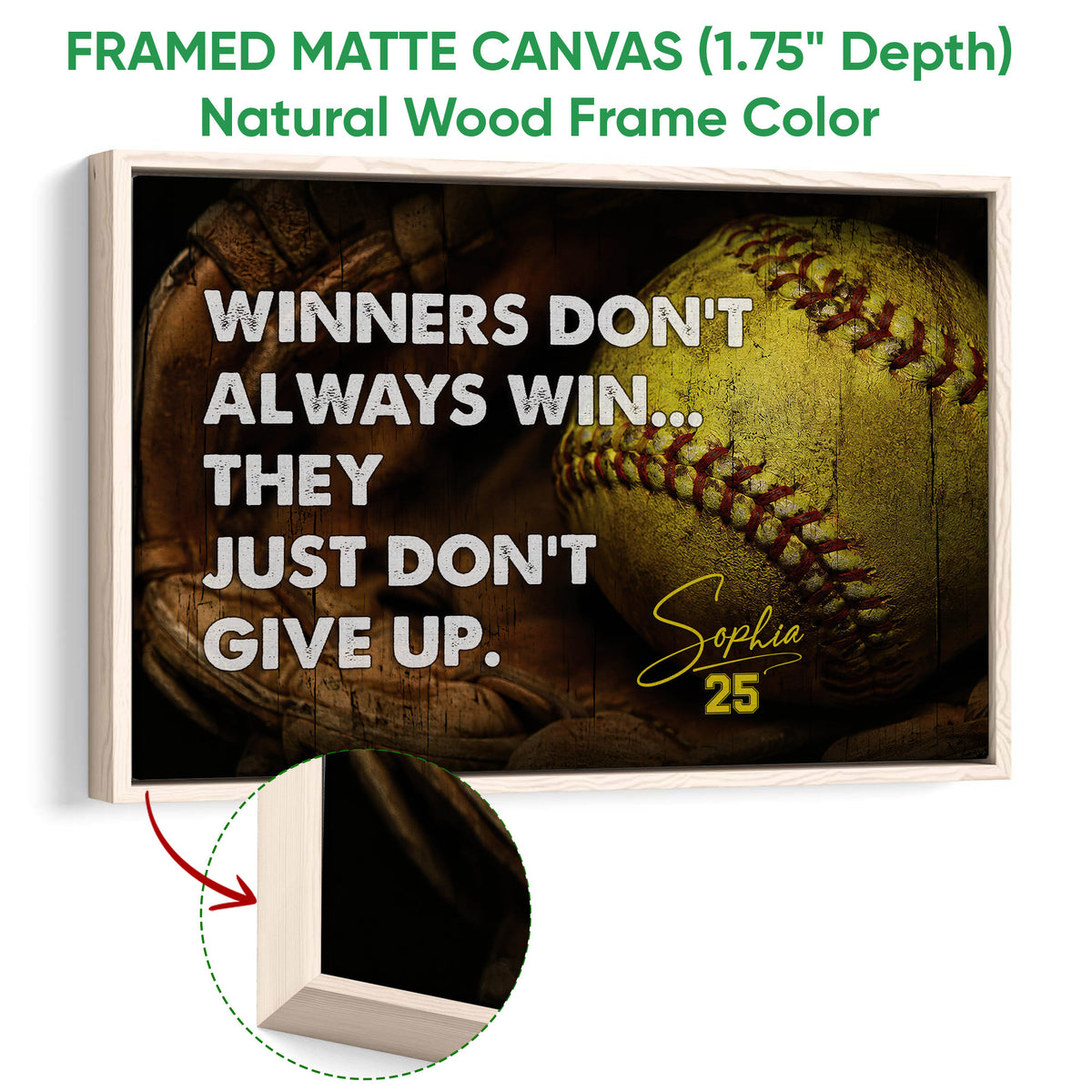 Natural wood framed softball wall art featuring a close-up ball, glove, and warm wood frame